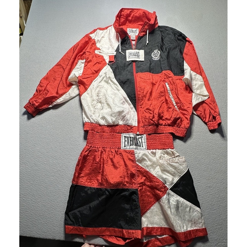 Vintage Everlast Youth XL Boxing Warm Up Set Red Black Nylon Jacket Shorts 90s